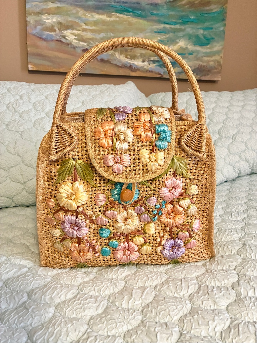 Island Woven Straw Embroidered Vintage large Bag